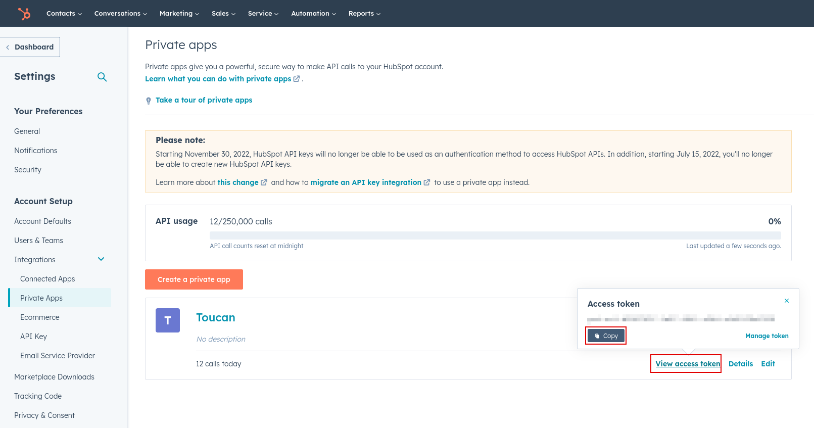 HubSpot_private_app_view_access_token