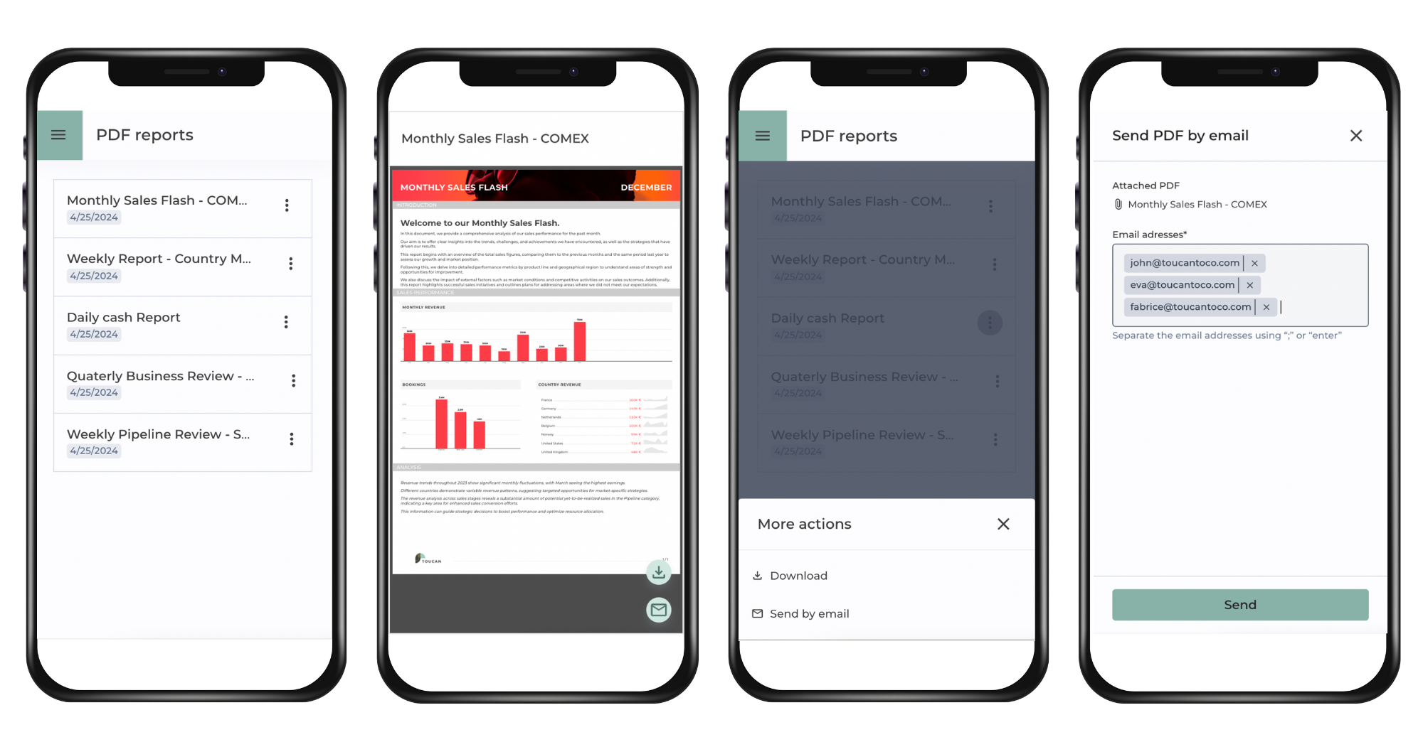 4 mobile screens of PDF Report viewer experience