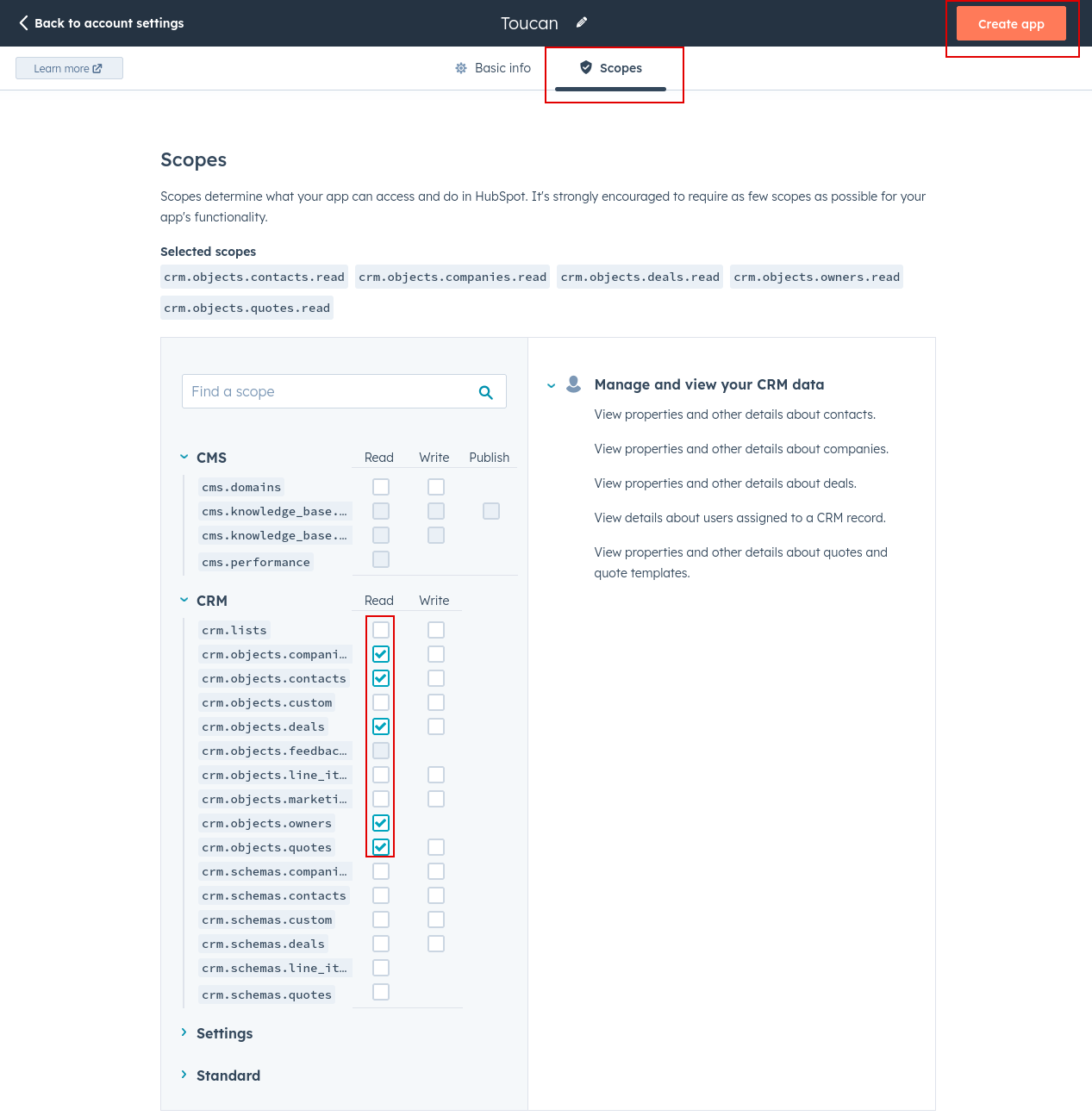 HubSpot_private_app_scopes