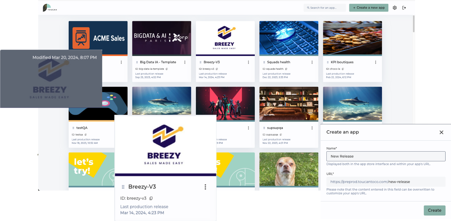 Toucan App store, tile design and creation modal