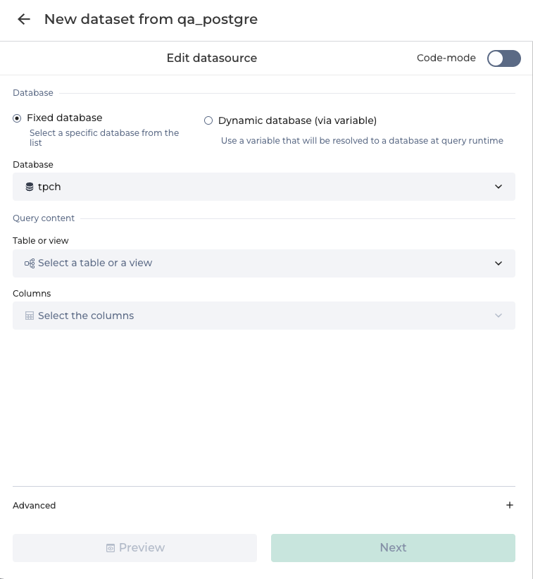 new create dataset from datasource UI